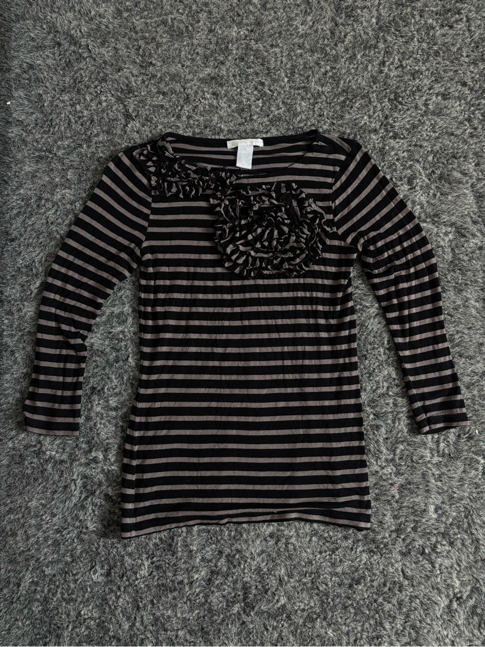 Y2K Design History Black and Gray Striped Long Sleeve Top with Ruffle Detail